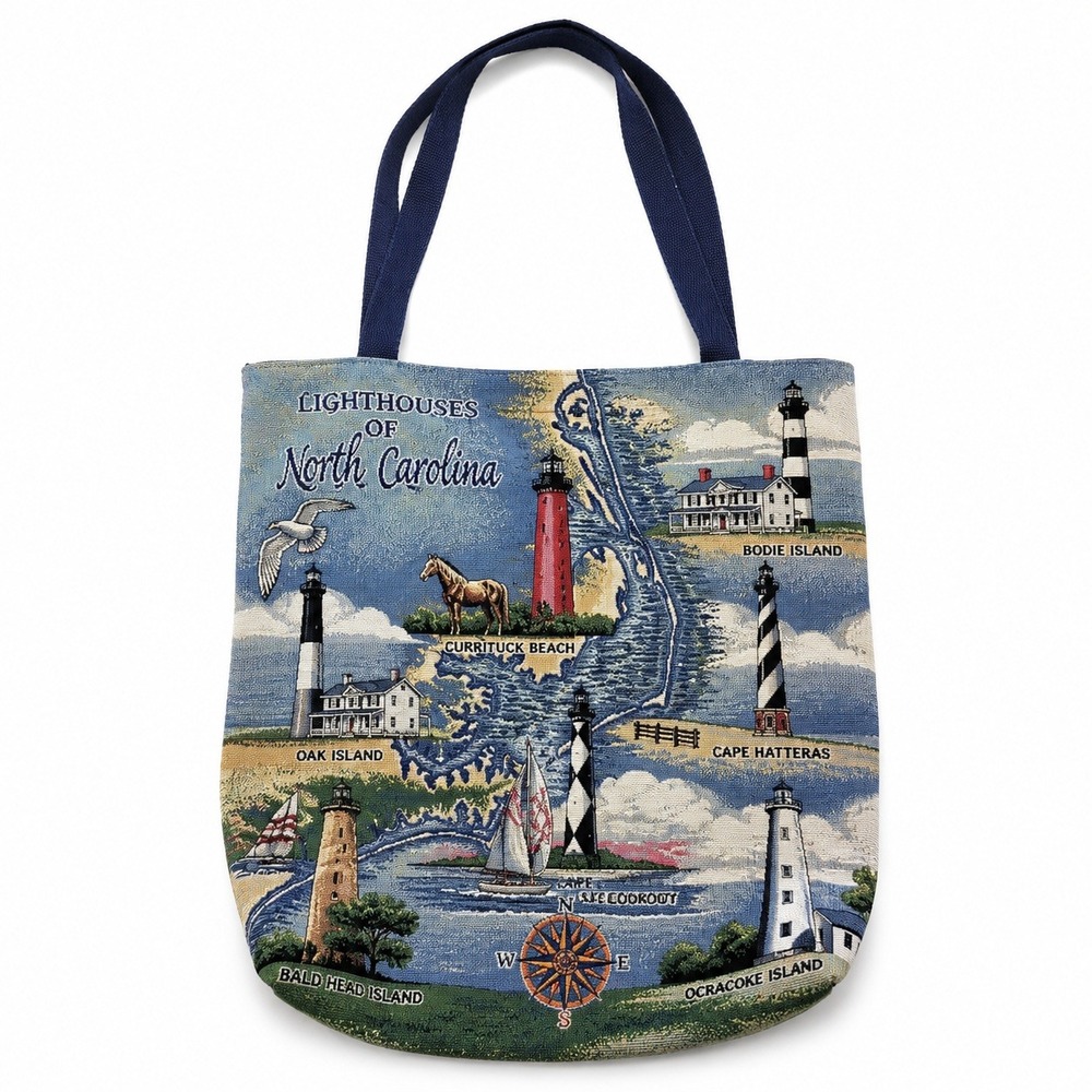 Riddle & Cockrell Tote Bag Womens Large Blue Lighthouses of North Carolina Woven